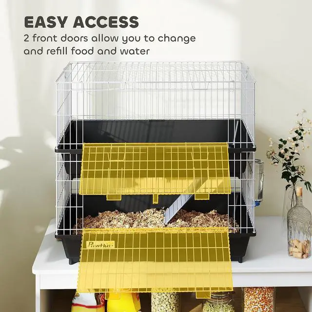 Alt view image 3 of 7 - PawHut 2-Tier Small Animal Cage Chinchilla Ferret Cage Indoor 28" Black | with Dish and Bottle, 2 Doors, Deep Bottoms, Ramp
