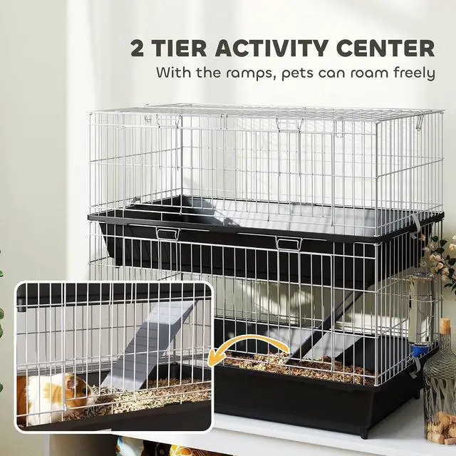 Alt view image 5 of 7 - PawHut 2-Tier Small Animal Cage Chinchilla Ferret Cage Indoor 28" Black | with Dish and Bottle, 2 Doors, Deep Bottoms, Ramp