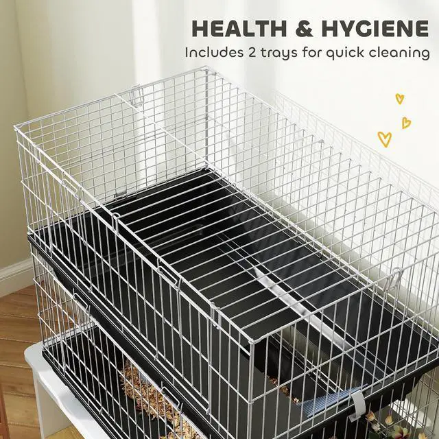 Alt view image 6 of 7 - PawHut 2-Tier Small Animal Cage Chinchilla Ferret Cage Indoor 28" Black | with Dish and Bottle, 2 Doors, Deep Bottoms, Ramp