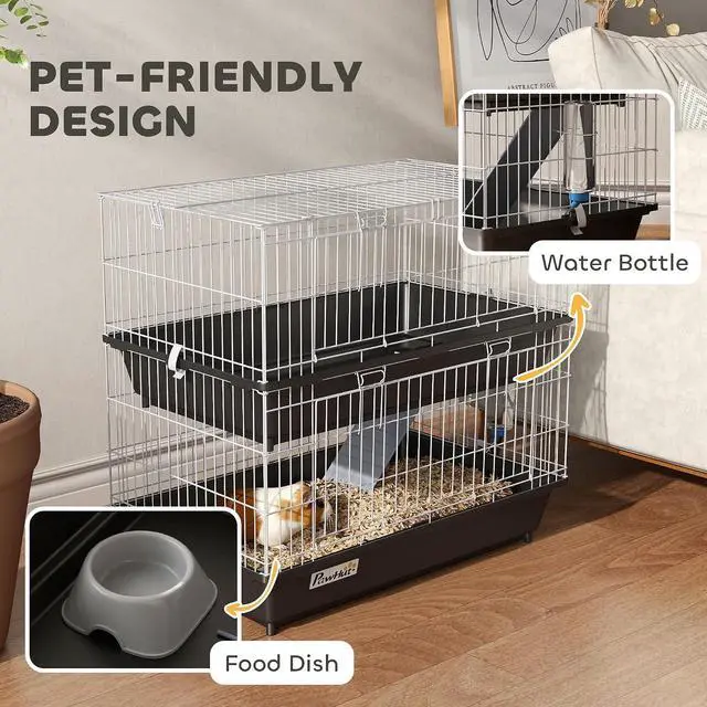 Alt view image 4 of 7 - PawHut 2-Tier Small Animal Cage Chinchilla Ferret Cage Indoor 28" Black | with Dish and Bottle, 2 Doors, Deep Bottoms, Ramp