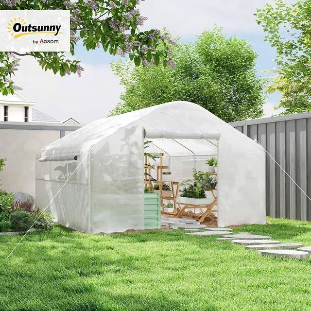 Alt view image 2 of 7 - 13' x 10' x 6.5' Hoop House Greenhouse Tunnel Greenhouse White | Large Windows, Zippered Door, Walk-In Outdoor Tunnel, Galvanized Steel Frame, PE Cover, Gardening Hot House
