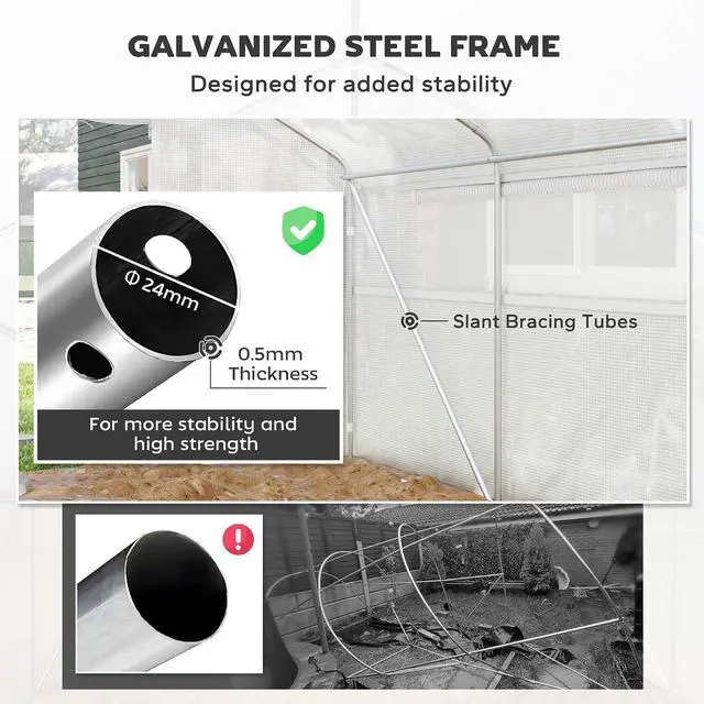 Alt view image 5 of 7 - 13' x 10' x 6.5' Hoop House Greenhouse Tunnel Greenhouse White | Large Windows, Zippered Door, Walk-In Outdoor Tunnel, Galvanized Steel Frame, PE Cover, Gardening Hot House