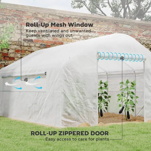 Alt view image 4 of 7 - 13' x 10' x 6.5' Hoop House Greenhouse Tunnel Greenhouse White | Large Windows, Zippered Door, Walk-In Outdoor Tunnel, Galvanized Steel Frame, PE Cover, Gardening Hot House