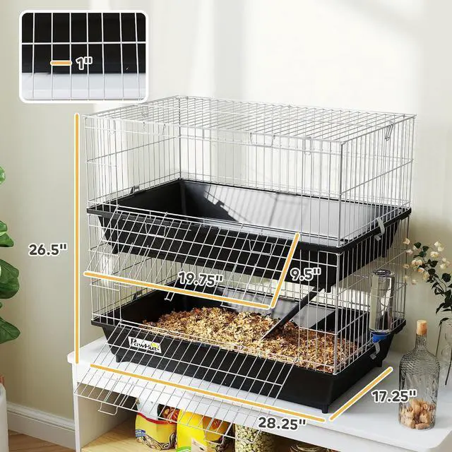 Alt view image 7 of 7 - PawHut 2-Tier Small Animal Cage Chinchilla Ferret Cage Indoor 28" Black | with Dish and Bottle, 2 Doors, Deep Bottoms, Ramp