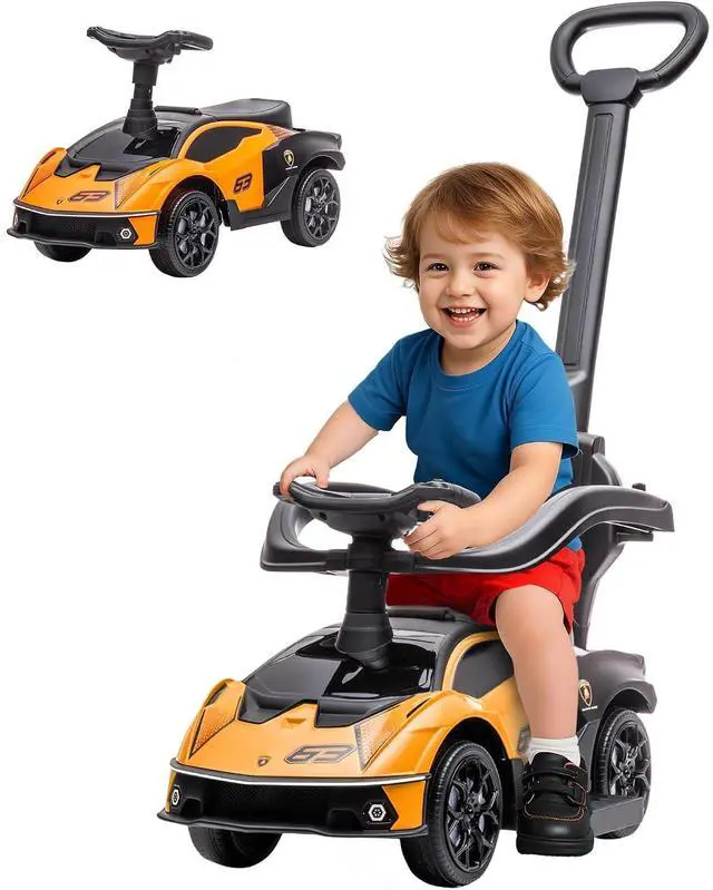 Main image of 2-in-1 Ride On Push Car for Toddlers 1-3 Licensed Lamborghini Orange | Stroller Sliding Car, Push-Along, Under Seat Storage, Horn, Engine Sound, Steering Wheel, Manual