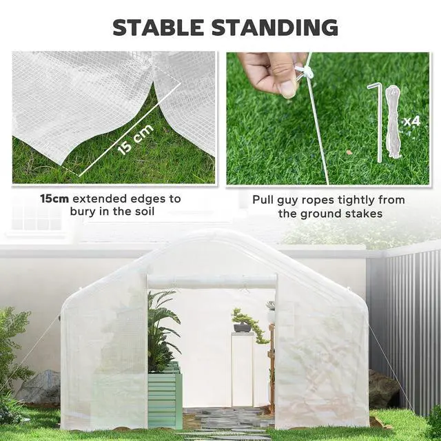 Alt view image 6 of 7 - 13' x 10' x 6.5' Hoop House Greenhouse Tunnel Greenhouse White | Large Windows, Zippered Door, Walk-In Outdoor Tunnel, Galvanized Steel Frame, PE Cover, Gardening Hot House