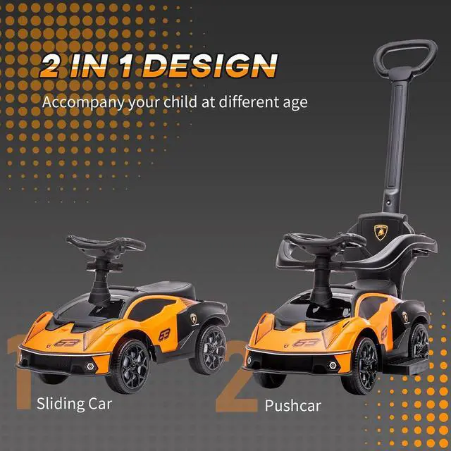 Alt view image 3 of 7 - 2-in-1 Ride On Push Car for Toddlers 1-3 Licensed Lamborghini Orange | Stroller Sliding Car, Push-Along, Under Seat Storage, Horn, Engine Sound, Steering Wheel, Manual