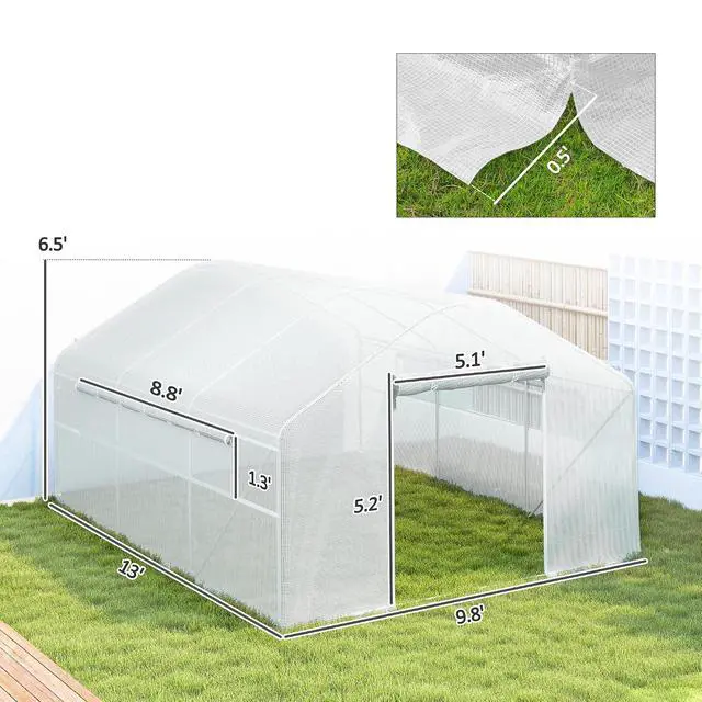 Alt view image 7 of 7 - 13' x 10' x 6.5' Hoop House Greenhouse Tunnel Greenhouse White | Large Windows, Zippered Door, Walk-In Outdoor Tunnel, Galvanized Steel Frame, PE Cover, Gardening Hot House