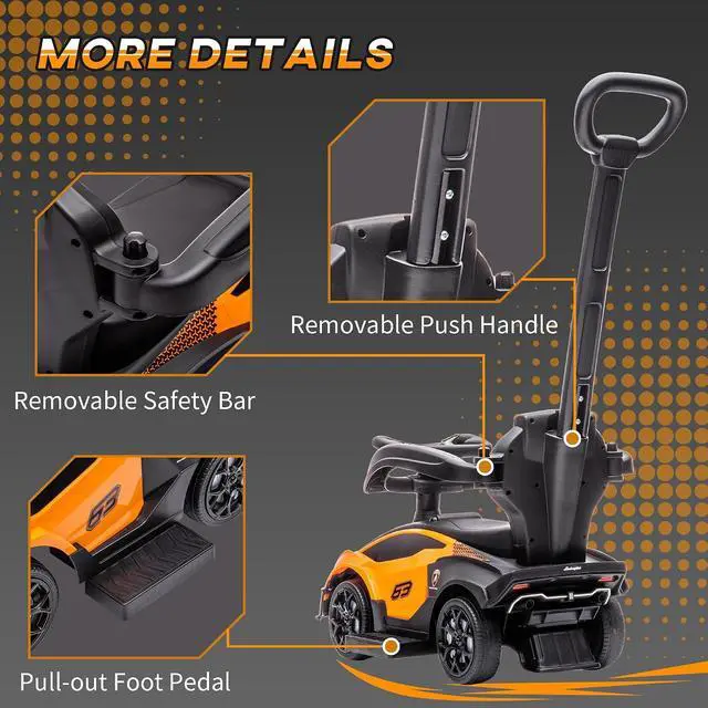 Alt view image 6 of 7 - 2-in-1 Ride On Push Car for Toddlers 1-3 Licensed Lamborghini Orange | Stroller Sliding Car, Push-Along, Under Seat Storage, Horn, Engine Sound, Steering Wheel, Manual