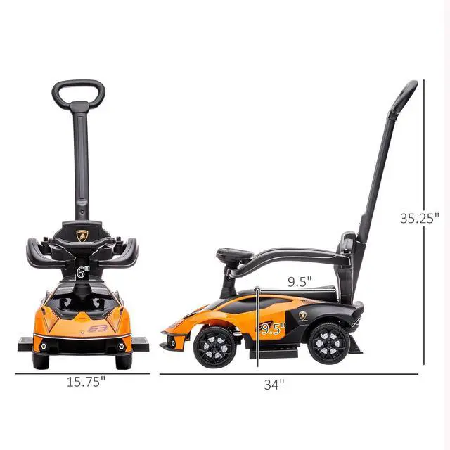 Alt view image 7 of 7 - 2-in-1 Ride On Push Car for Toddlers 1-3 Licensed Lamborghini Orange | Stroller Sliding Car, Push-Along, Under Seat Storage, Horn, Engine Sound, Steering Wheel, Manual