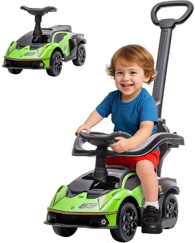 Main image of 2-in-1 Ride On Push Car for Toddlers 1-3 Licensed Lamborghini Green | Stroller Sliding Car, Push-Along, Under Seat Storage, Horn, Engine Sound, Steering Wheel, Manual