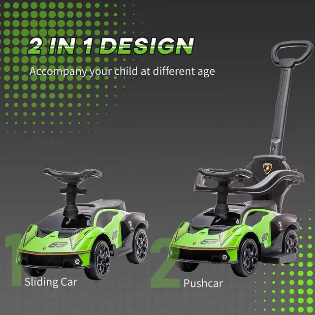 Alt view image 4 of 7 - 2-in-1 Ride On Push Car for Toddlers 1-3 Licensed Lamborghini Green | Stroller Sliding Car, Push-Along, Under Seat Storage, Horn, Engine Sound, Steering Wheel, Manual
