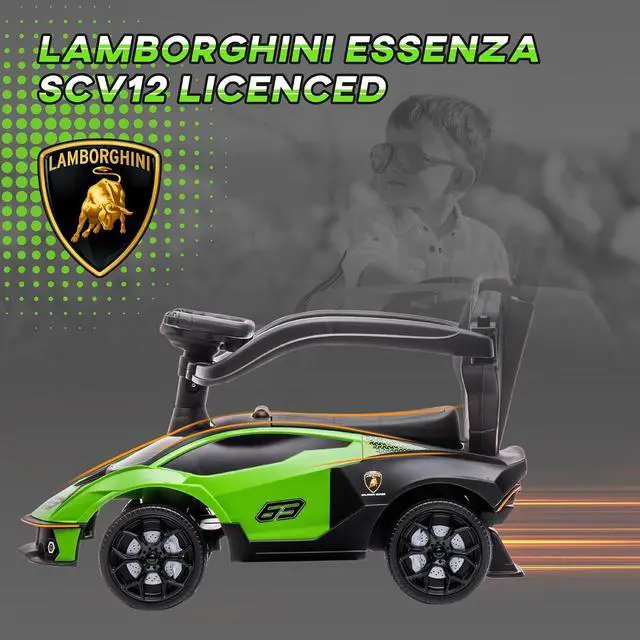 Alt view image 3 of 7 - 2-in-1 Ride On Push Car for Toddlers 1-3 Licensed Lamborghini Green | Stroller Sliding Car, Push-Along, Under Seat Storage, Horn, Engine Sound, Steering Wheel, Manual