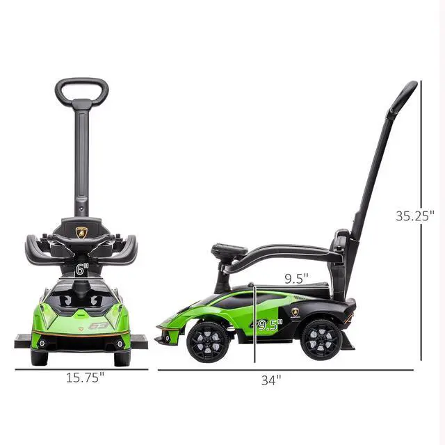 Alt view image 7 of 7 - 2-in-1 Ride On Push Car for Toddlers 1-3 Licensed Lamborghini Green | Stroller Sliding Car, Push-Along, Under Seat Storage, Horn, Engine Sound, Steering Wheel, Manual