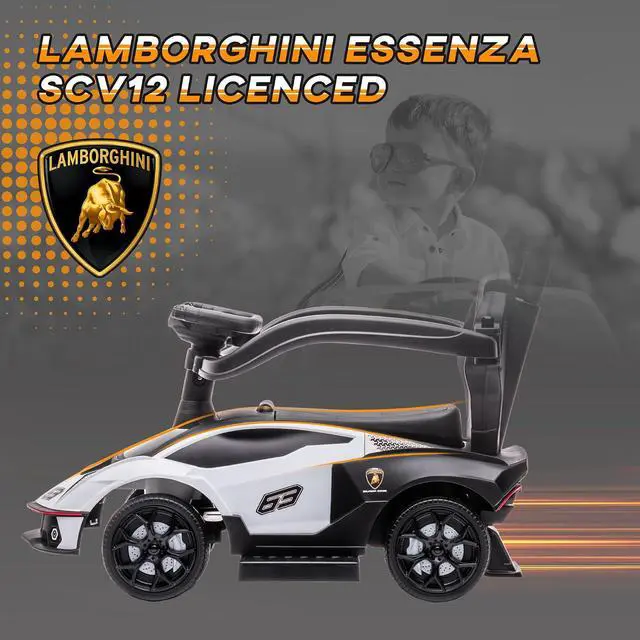 Alt view image 3 of 7 - 2-in-1 Ride On Push Car for Toddlers 1-3 Licensed Lamborghini White | Stroller Sliding Car, Push-Along, Under Seat Storage, Horn, Engine Sound, Steering Wheel, Manual