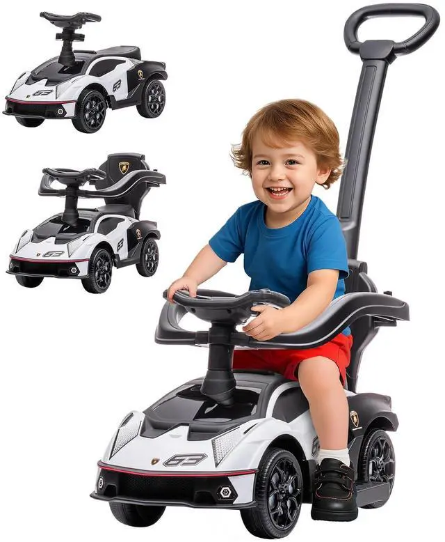Main image of 2-in-1 Ride On Push Car for Toddlers 1-3 Licensed Lamborghini White | Stroller Sliding Car, Push-Along, Under Seat Storage, Horn, Engine Sound, Steering Wheel, Manual