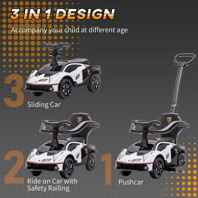 Alt view image 4 of 7 - 2-in-1 Ride On Push Car for Toddlers 1-3 Licensed Lamborghini White | Stroller Sliding Car, Push-Along, Under Seat Storage, Horn, Engine Sound, Steering Wheel, Manual