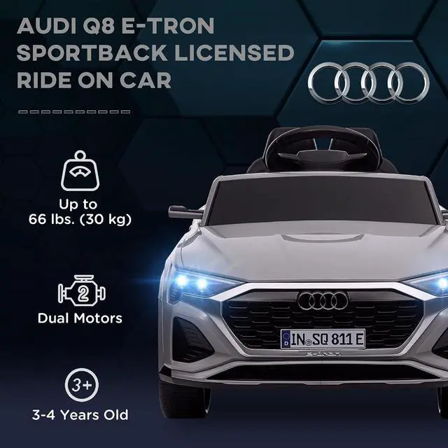 Alt view image 3 of 7 - Qaba Audi Q8 e-tron Sportback Licensed 12V Kids Ride on Car Music Gray | Battery Powered Kids Electric Car, Remote Control, 4 Spring Suspension Wheels, Soft Start, LED Headlights, Horn