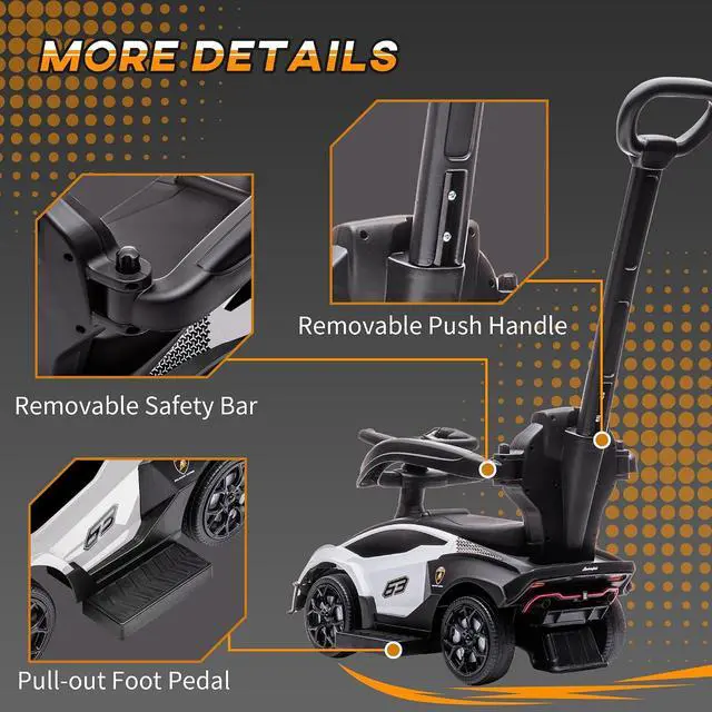 Alt view image 7 of 7 - 2-in-1 Ride On Push Car for Toddlers 1-3 Licensed Lamborghini White | Stroller Sliding Car, Push-Along, Under Seat Storage, Horn, Engine Sound, Steering Wheel, Manual