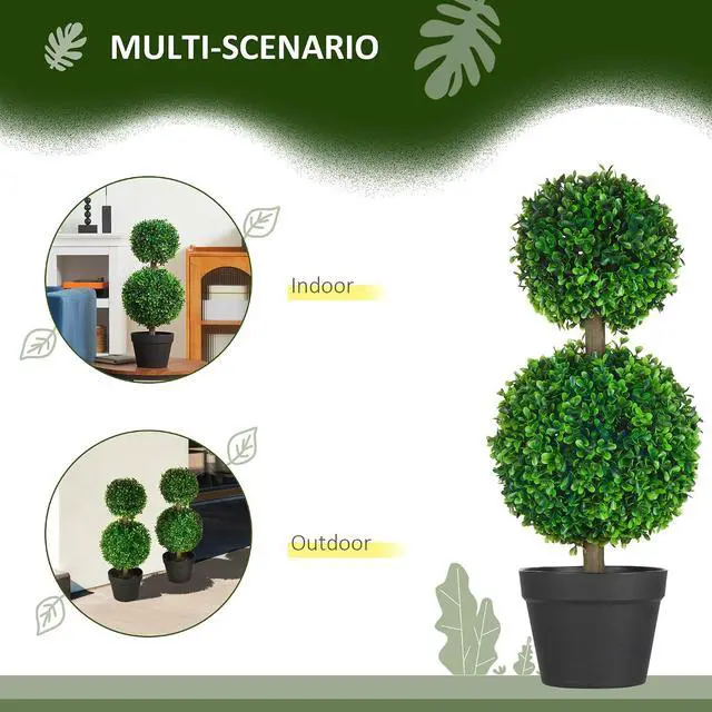 Alt view image 4 of 7 - 23.6" Artificial Ball Boxwood Topiary Trees with Pot Indoor Outdoor | Set of 2, Faux Boxwood Plants, Home Office Decor, Living Room Decor