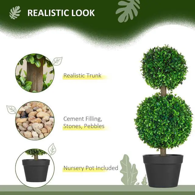 Alt view image 3 of 7 - 23.6" Artificial Ball Boxwood Topiary Trees with Pot Indoor Outdoor | Set of 2, Faux Boxwood Plants, Home Office Decor, Living Room Decor