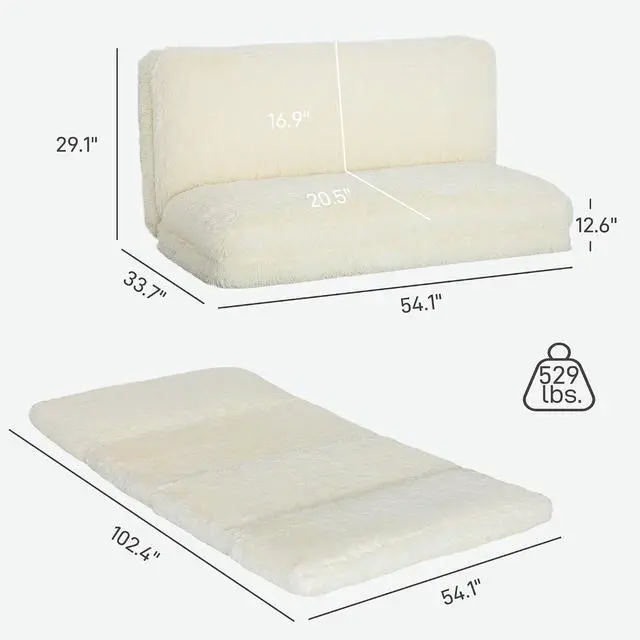 Alt view image 2 of 7 - Bean Bag Chair Floor Sofa Bed for Adults 54 x102 in Cream White | Thick Long Folding Sofa Bed, Wall Couch Sleeper Chair Floor Mattress, Living Room