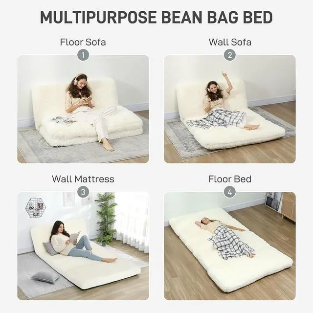 Alt view image 4 of 7 - Bean Bag Chair Floor Sofa Bed for Adults 54 x102 in Cream White | Thick Long Folding Sofa Bed, Wall Couch Sleeper Chair Floor Mattress, Living Room