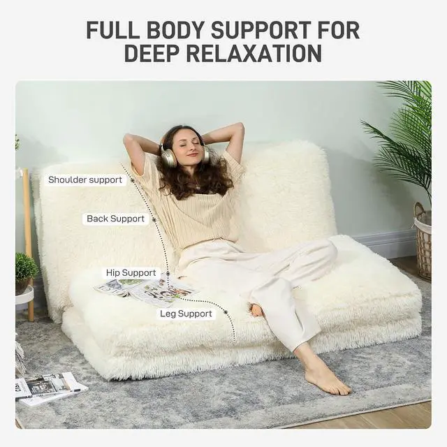 Alt view image 5 of 7 - Bean Bag Chair Floor Sofa Bed for Adults 54 x102 in Cream White | Thick Long Folding Sofa Bed, Wall Couch Sleeper Chair Floor Mattress, Living Room
