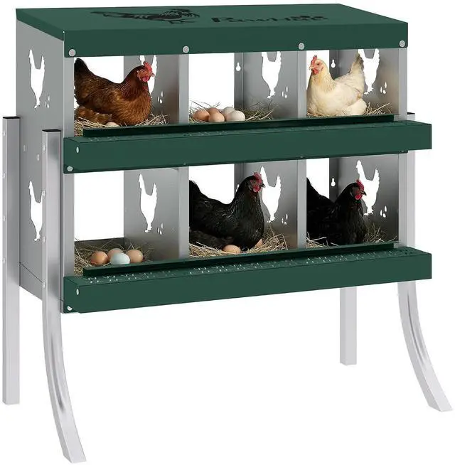 Main image of PawHut Chicken Nesting Boxes 6 Compartment for Hens Ducks, Silver | Two-Tier Egg Laying Boxes, Vented Holes, Easy Egg Collection, Metal Nesting Boxes for Chickens