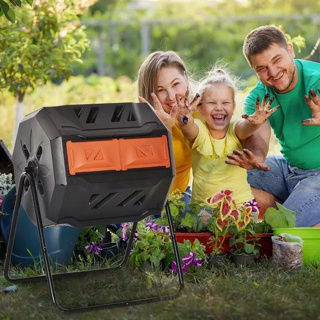 Alt view image 2 of 7 - Tumbling Compost Bin 360° Dual Chamber 43 Gallon, Orange | Outdoor, Rotating Composter