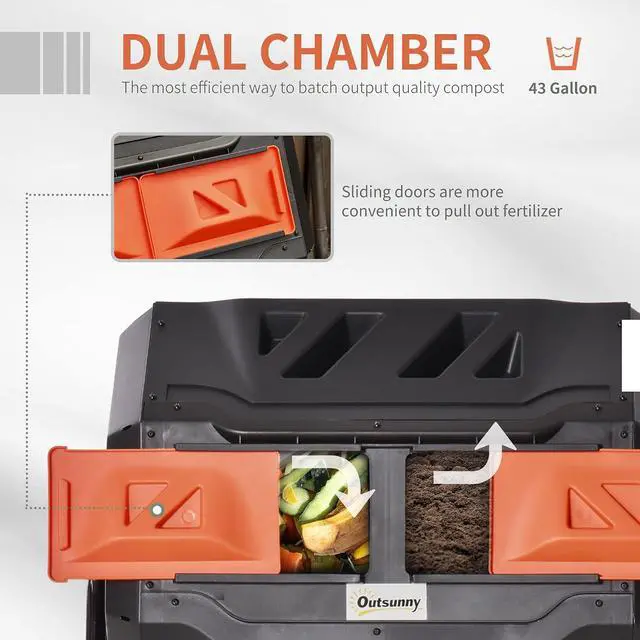 Alt view image 3 of 7 - Tumbling Compost Bin 360° Dual Chamber 43 Gallon, Orange | Outdoor, Rotating Composter