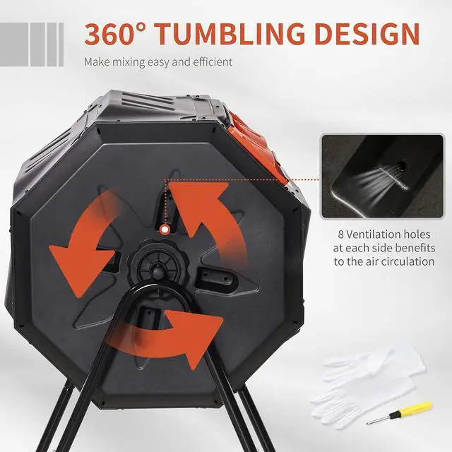 Alt view image 4 of 7 - Tumbling Compost Bin 360° Dual Chamber 43 Gallon, Orange | Outdoor, Rotating Composter