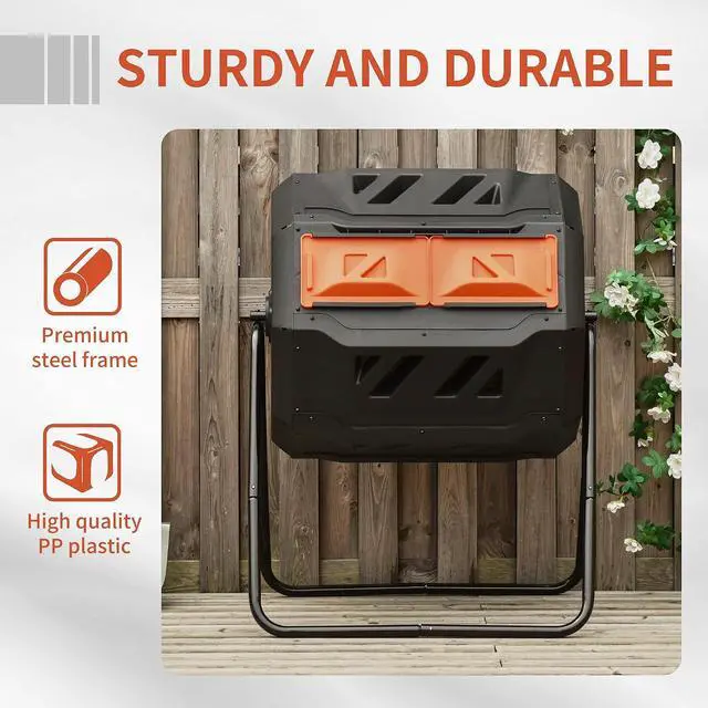 Alt view image 6 of 7 - Tumbling Compost Bin 360° Dual Chamber 43 Gallon, Orange | Outdoor, Rotating Composter