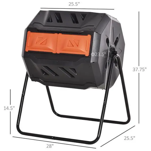 Alt view image 7 of 7 - Tumbling Compost Bin 360° Dual Chamber 43 Gallon, Orange | Outdoor, Rotating Composter