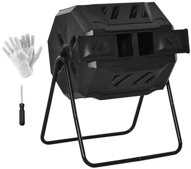 Main image of Tumbling Compost Bin 360° Dual Chamber 43 Gallon, Black | Outdoor, Rotating Composter