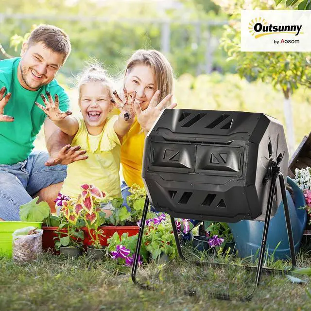 Alt view image 2 of 7 - Tumbling Compost Bin 360° Dual Chamber 43 Gallon, Black | Outdoor, Rotating Composter