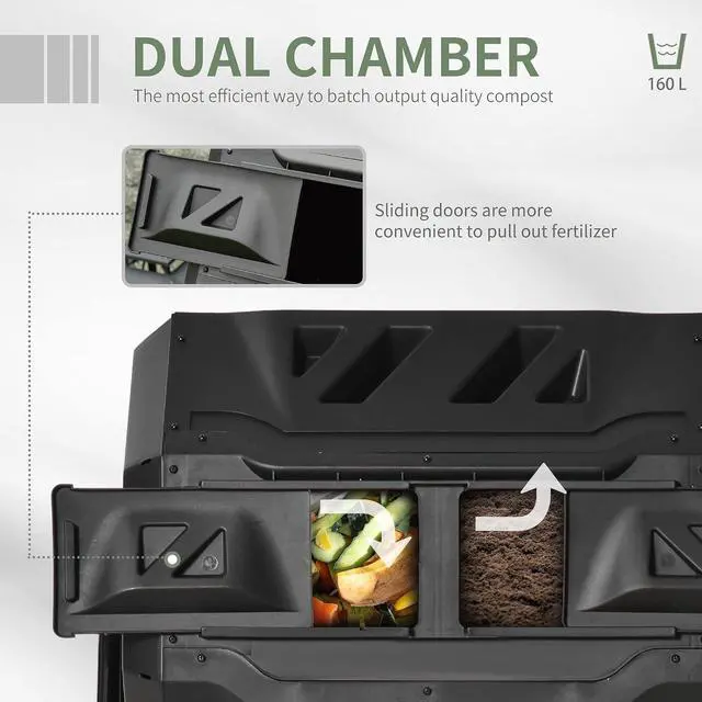 Alt view image 3 of 7 - Tumbling Compost Bin 360° Dual Chamber 43 Gallon, Black | Outdoor, Rotating Composter