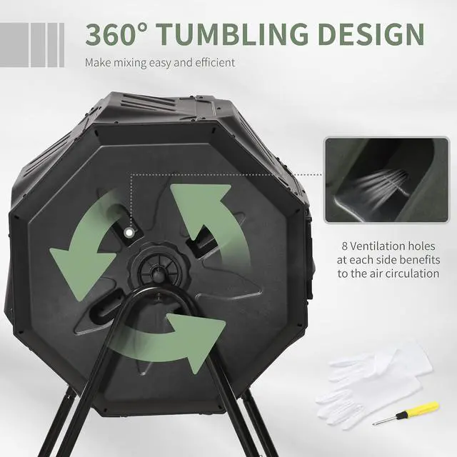 Alt view image 4 of 7 - Tumbling Compost Bin 360° Dual Chamber 43 Gallon, Black | Outdoor, Rotating Composter