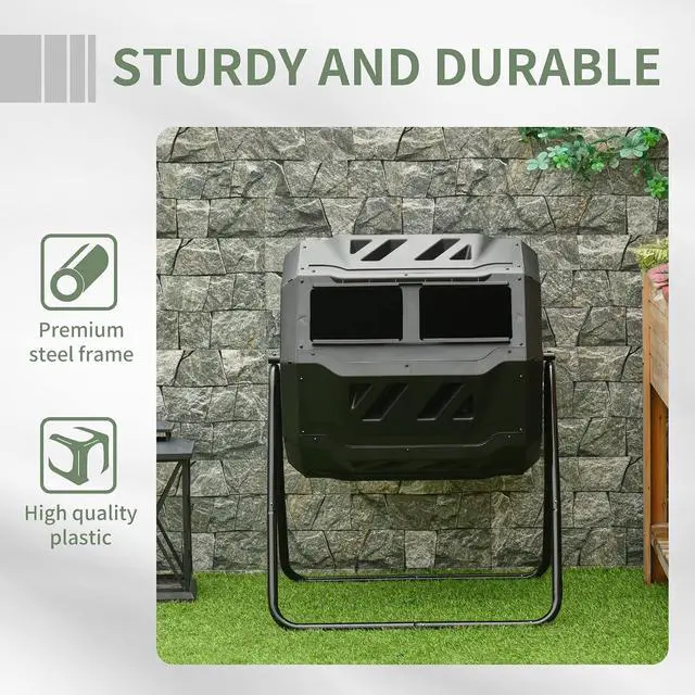Alt view image 6 of 7 - Tumbling Compost Bin 360° Dual Chamber 43 Gallon, Black | Outdoor, Rotating Composter