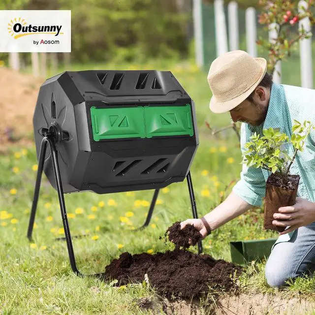 Alt view image 2 of 7 - Tumbling Compost Bin 360° Dual Chamber 43 Gallon, Green | Outdoor, Rotating Composter