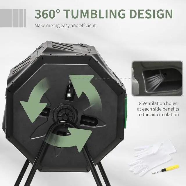 Alt view image 4 of 7 - Tumbling Compost Bin 360° Dual Chamber 43 Gallon, Green | Outdoor, Rotating Composter