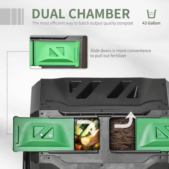 Alt view image 3 of 7 - Tumbling Compost Bin 360° Dual Chamber 43 Gallon, Green | Outdoor, Rotating Composter
