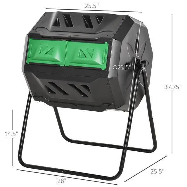 Alt view image 7 of 7 - Tumbling Compost Bin 360° Dual Chamber 43 Gallon, Green | Outdoor, Rotating Composter