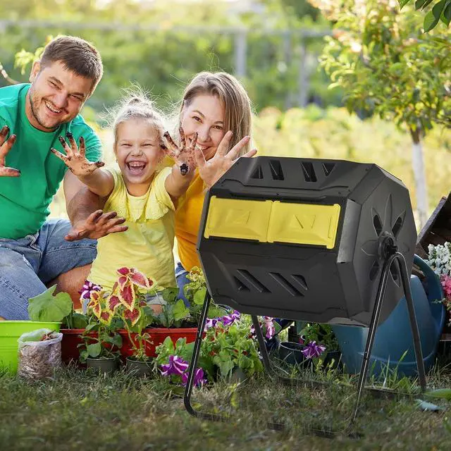 Alt view image 2 of 7 - Tumbling Compost Bin 360° Dual Chamber 43 Gallon, Yellow | Outdoor, Rotating Composter