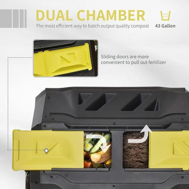Alt view image 3 of 7 - Tumbling Compost Bin 360° Dual Chamber 43 Gallon, Yellow | Outdoor, Rotating Composter