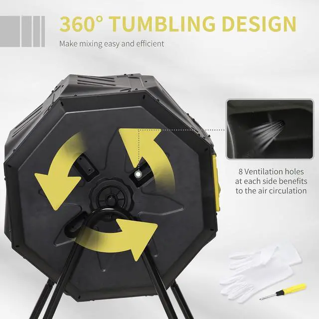 Alt view image 4 of 7 - Tumbling Compost Bin 360° Dual Chamber 43 Gallon, Yellow | Outdoor, Rotating Composter