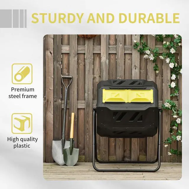 Alt view image 6 of 7 - Tumbling Compost Bin 360° Dual Chamber 43 Gallon, Yellow | Outdoor, Rotating Composter