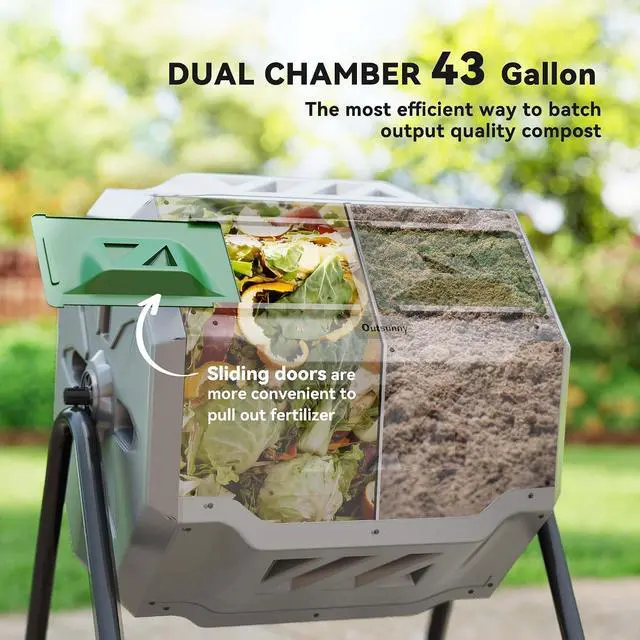 Alt view image 3 of 7 - Tumbling Compost Bin 360° Dual Chamber 43 Gallon, Light Gray | Outdoor, Rotating Composter
