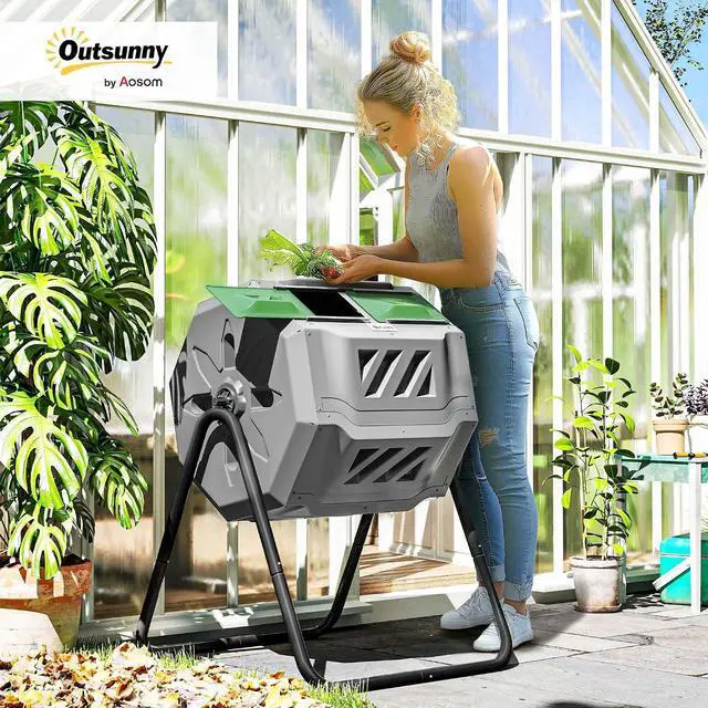 Alt view image 2 of 7 - Tumbling Compost Bin 360° Dual Chamber 43 Gallon, Light Gray | Outdoor, Rotating Composter