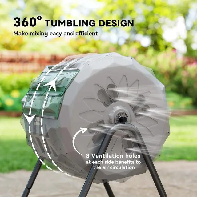 Alt view image 4 of 7 - Tumbling Compost Bin 360° Dual Chamber 43 Gallon, Light Gray | Outdoor, Rotating Composter